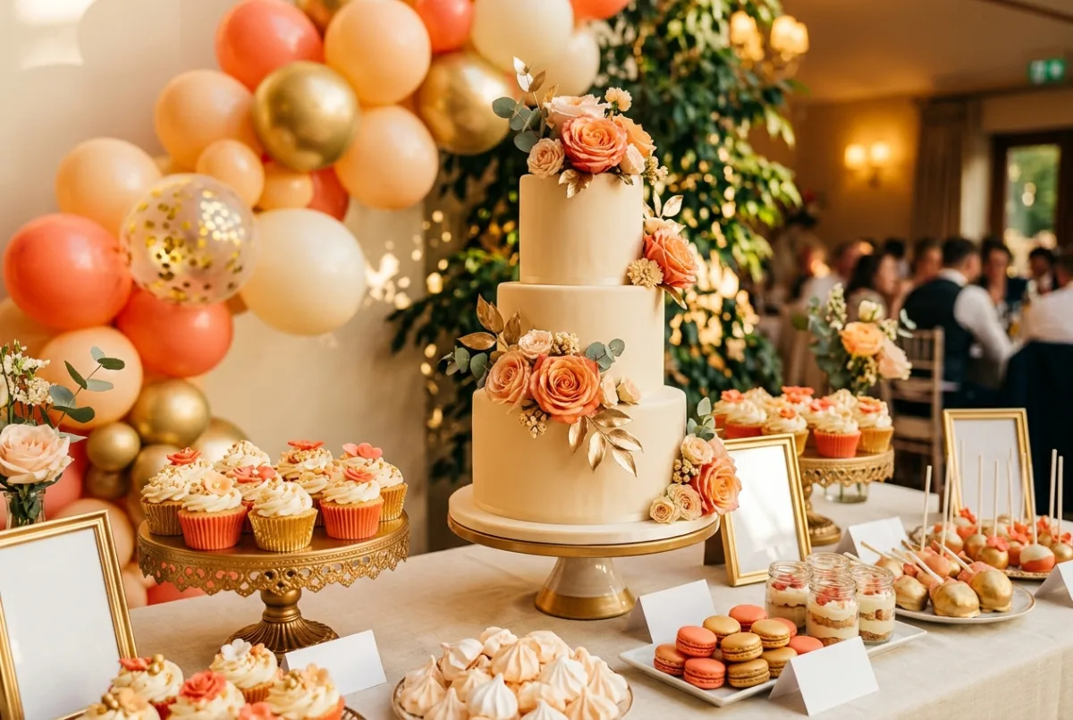 Mesa de dulces montada con torta y cupcakes